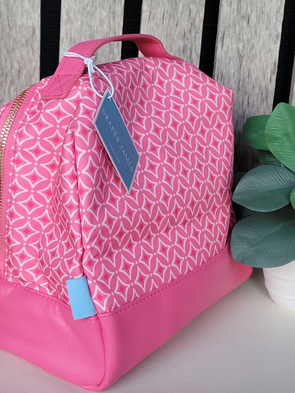 Draper James Pink Patterned Geometric Insulated Nylon & Leatherette Lunch Tote